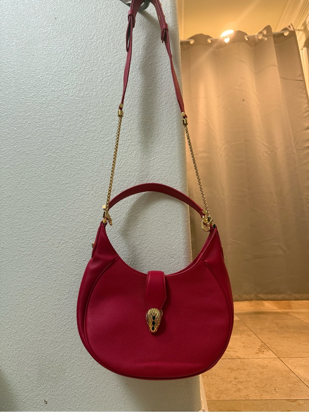 Red Leather Shoulder Bag with Gold Accent
